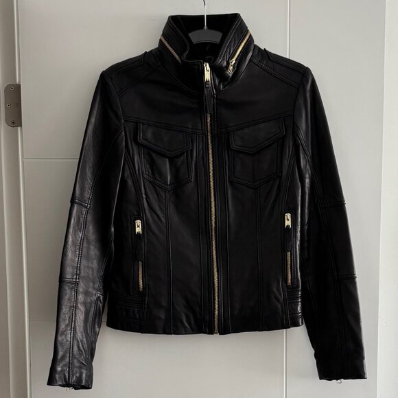 Michael Kors Cropped Black Leather Jacket Sz Medium - Picture 2 of 8